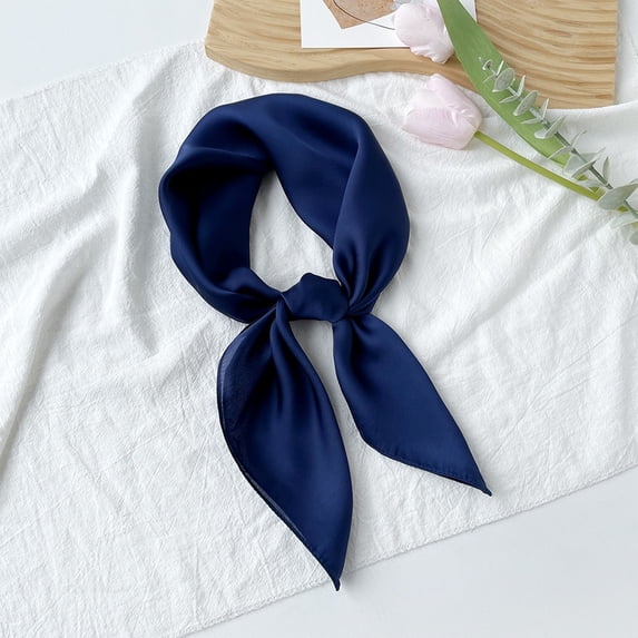 Women's Square Satin Scarf Solid Color Retro 50s Neck Hair Handkerchief Bandana Navy One Size