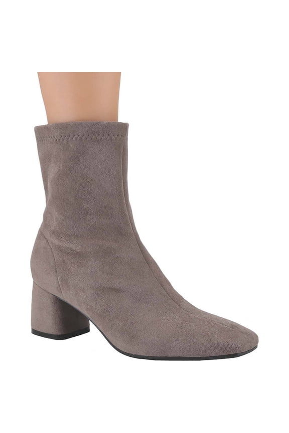 Women's Square Toe Ankle Boots Chunky Block Heel Side Zipper Stretch Short Booties Mid Calf Fall Winter Boots