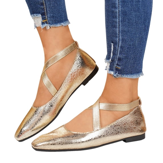 Women's Square Toe Ballet Flat Shoes Crooss Strap Soft Leather Dance Shoes Slip on Comfortable Dress Shoes Gold Size 9