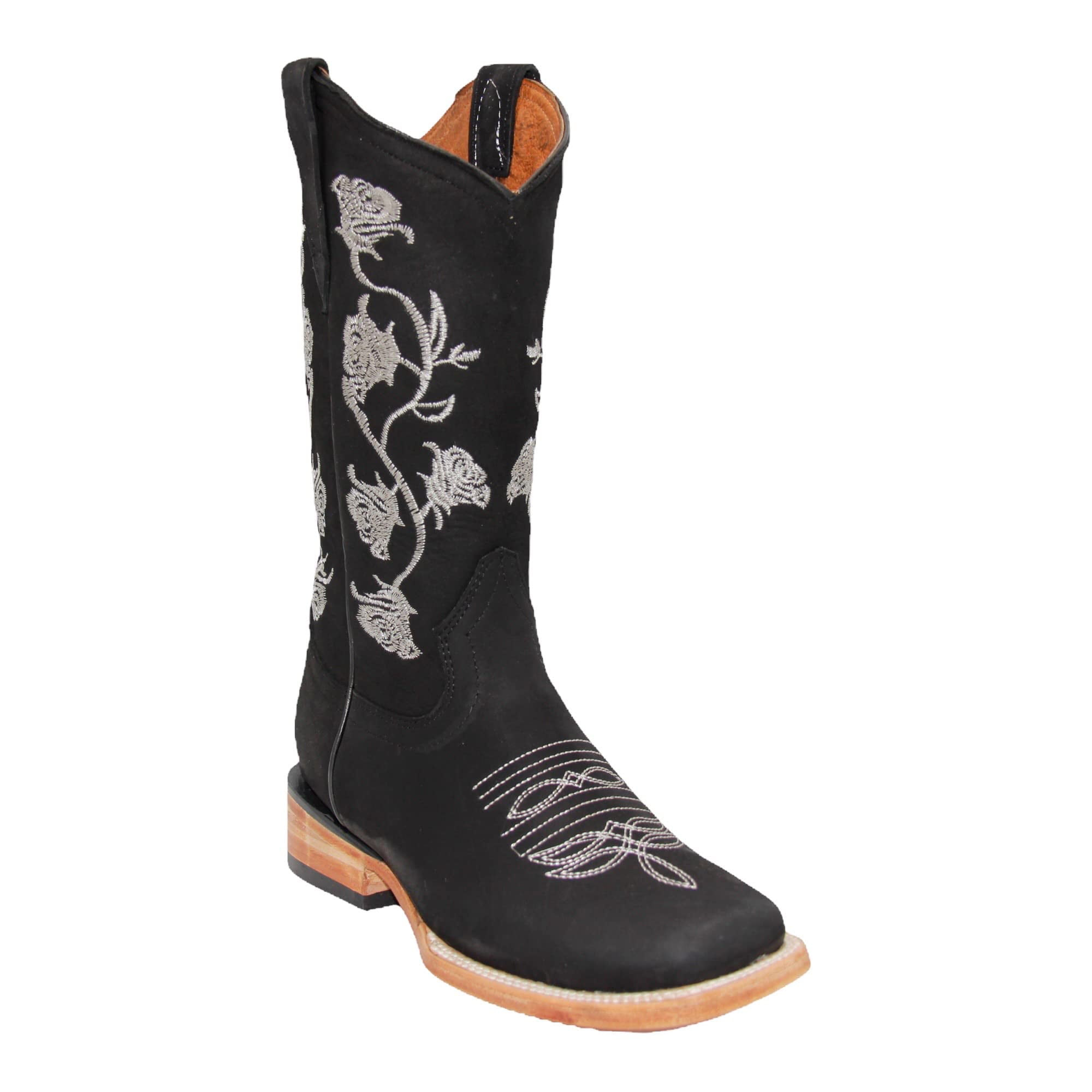 Women's Square Toe Black Western Cowboy Boot Floral Rose
