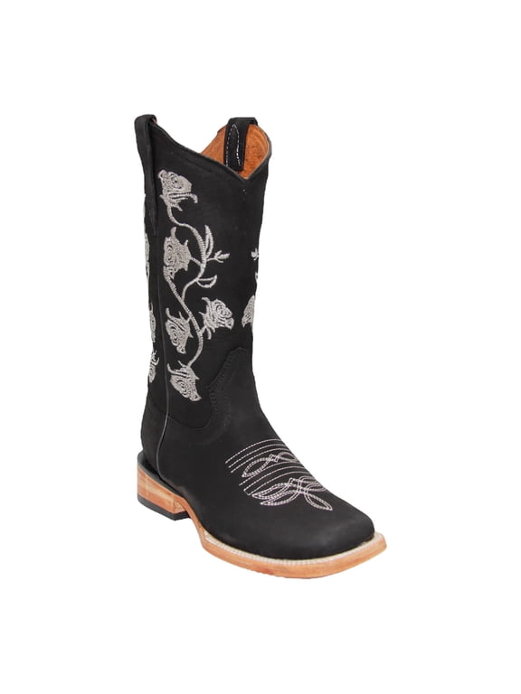 Women’s Square Toe Black Western Cowboy Boot Floral Rose Embroidery