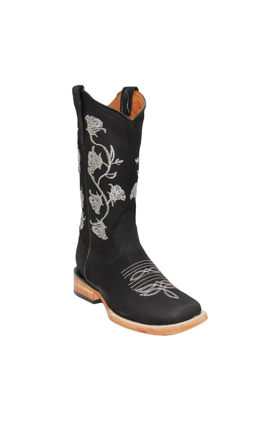 Women’s Square Toe Black Western Cowboy Boot Floral Rose Embroidery