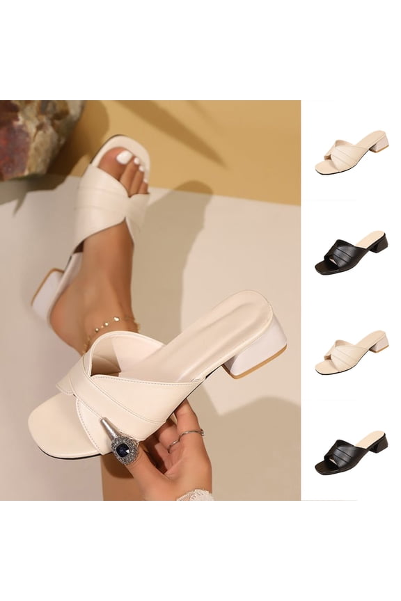 Women's Square Toe Block Heel Sandals, Trendy Solid Color Leather Slip On Mules, Comfortable Low Heel Casual Dress Shoes, Plus Size Available for Wide Feet, Fashionable Outdoor Slides for Summer