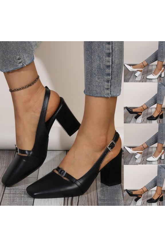 Women's Square Toe Chunky Heel Slingback Pumps, Buckle Strap Dress Shoes, Plus Size Comfortable Chunky Heel Shoes for Daily Wear