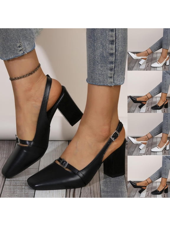 Women's Square Toe Chunky Heel Slingback Pumps, Buckle Strap Dress Shoes, Plus Size Comfortable Chunky Heel Shoes for Daily Wear