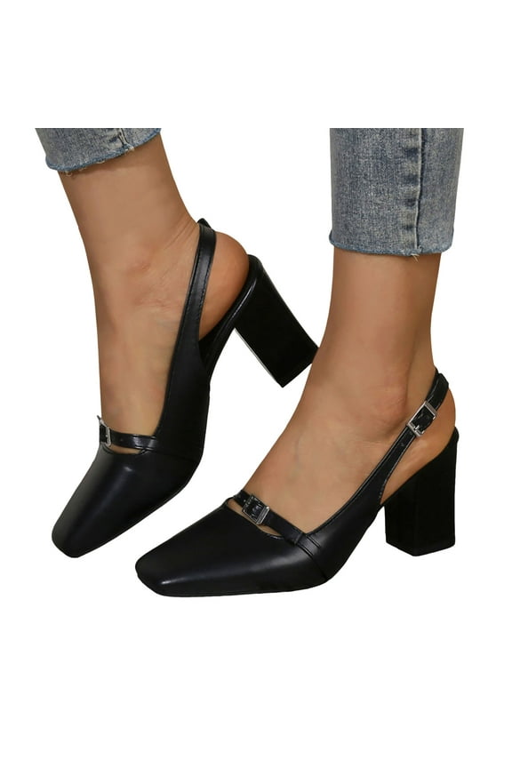 Women's Square Toe Dress Shoes 2025 Leather Chunky Block High Heels Slingback Dressy Pumps Closed Toe Sandals
