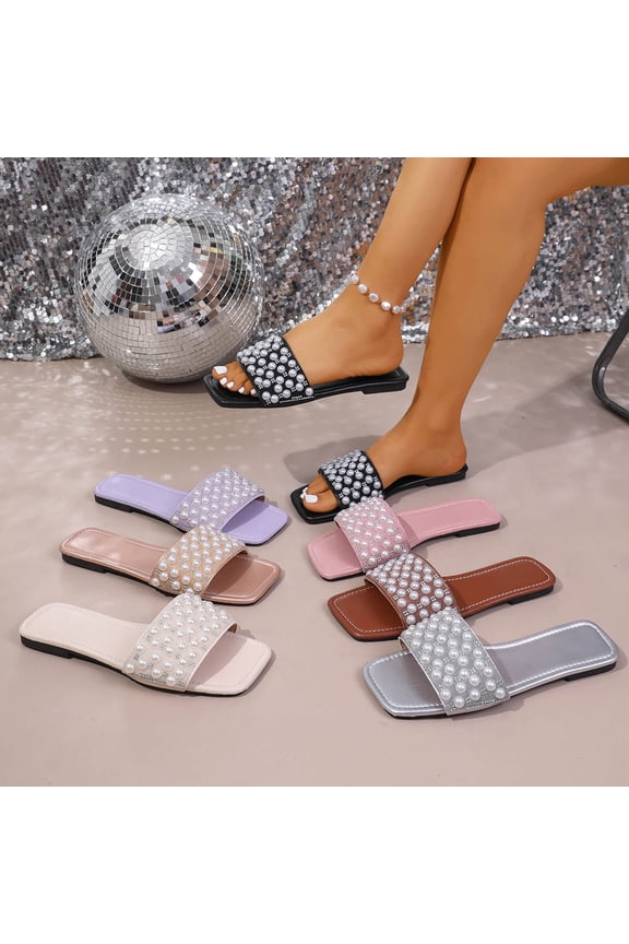 Women's Square Toe Faux Leather Pearl Slide Sandals Casual Minimalist Flat Mules for Women Dressy Outdoor