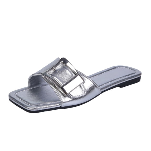 Women's Square Toe Flat Sandals Summer Slides Slip On Sandals Silver 7.5