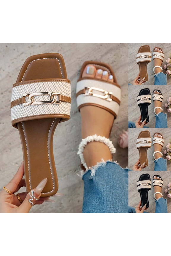 Women's Square Toe Flat Slide Sandals Metallic Buckle Decor Casual Summer Slip On Shoes for Women Wide Width