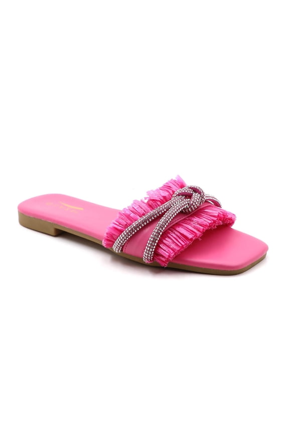Women’s Square Toe Flat Slide Sandals Rhinestone & Tassel Decor Slip-On Indoor Shower Slides for Casual Wear