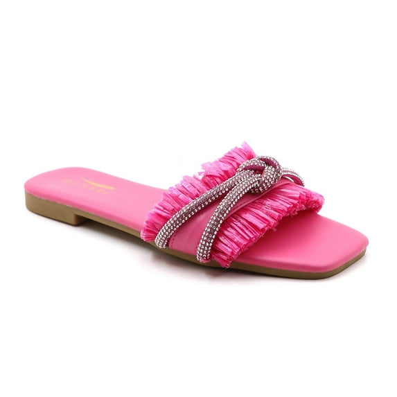GJPBGK Women’s Square Toe Flat Slide Sandals Rhinestone & Tassel Decor Slip-On Indoor Shower Slides for Casual Wear