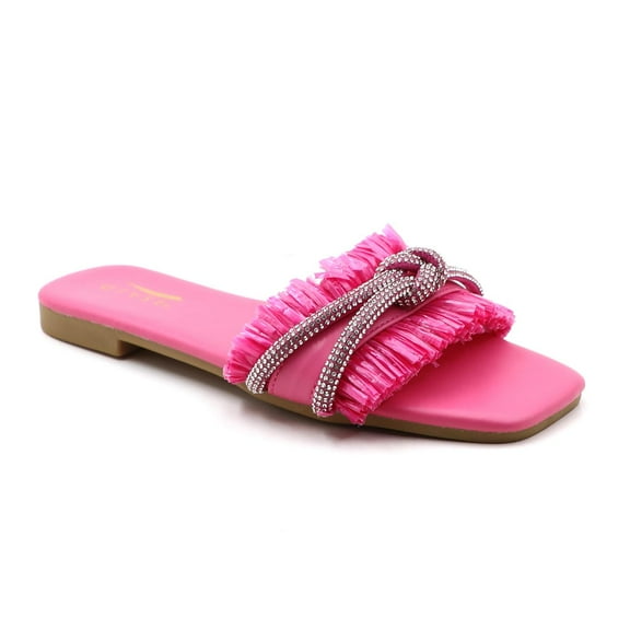 GJPBGK Women’s Square Toe Flat Slide Sandals Rhinestone & Tassel Decor Slip-On Indoor Shower Slides for Casual Wear