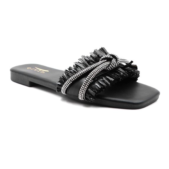 GJPBGK Women’s Square Toe Flat Slide Sandals Rhinestone & Tassel Decor Slip-On Indoor Shower Slides for Casual Wear