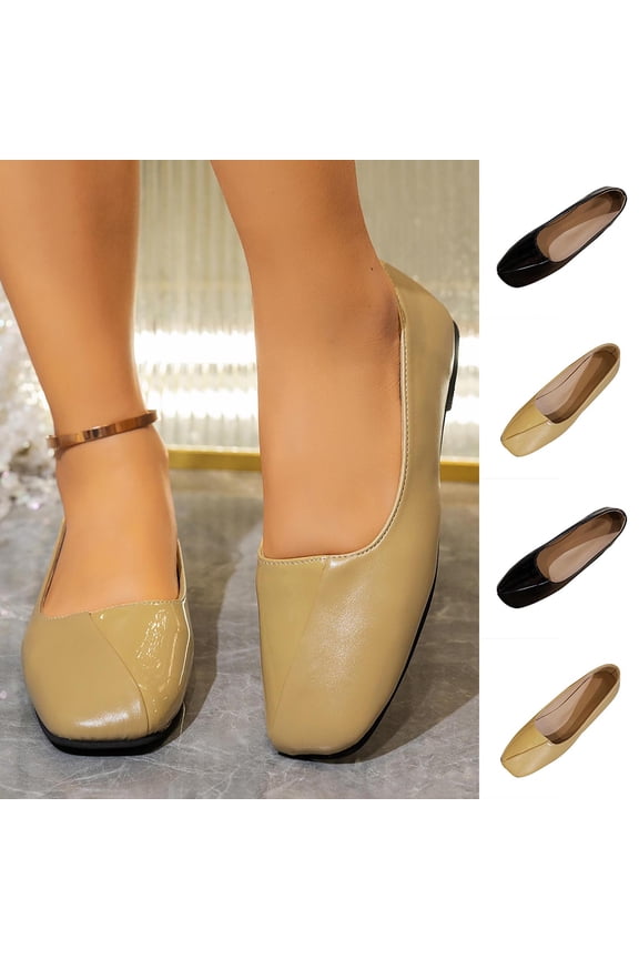 Women's Square Toe Flats, Faux Leather Slip-On Dress Shoes, Comfortable Wide Width Casual Shoes for Daily Work All Season, Nude/Black