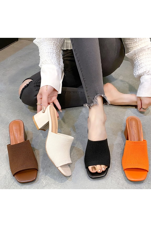 Women's Square Toe Fly Knit Chunky Heel Slide Sandals Casual Summer Dressy Mules for Women