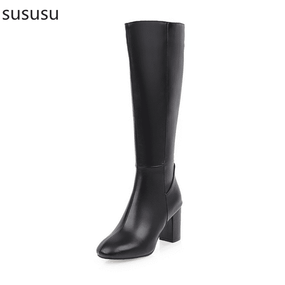 Women's Square Toe Heel Knee High Boots with Side Zipper for Stylish Mid-Calf Comfort and Winter Wear Fashion Footwear