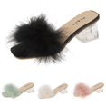 thumbnail image 1 of Women's Square Toe Heeled Sandals Low Block Chunky Heels Clear Mules Fluffy Feather Slip on Comfortable Wedding Bridal Party Dress Shoes Black Size 9, 1 of 5