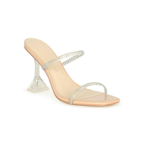 Women's Square Toe Iridescent Rhinestone Clear Double Strap Mule Heel 20616