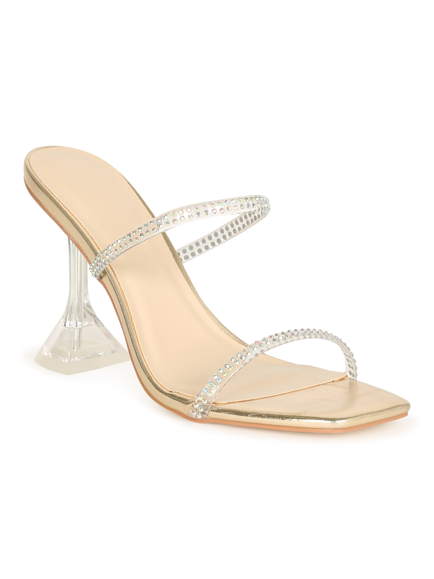 Women s Square Toe Iridescent Rhinestone Clear Double Strap Mule