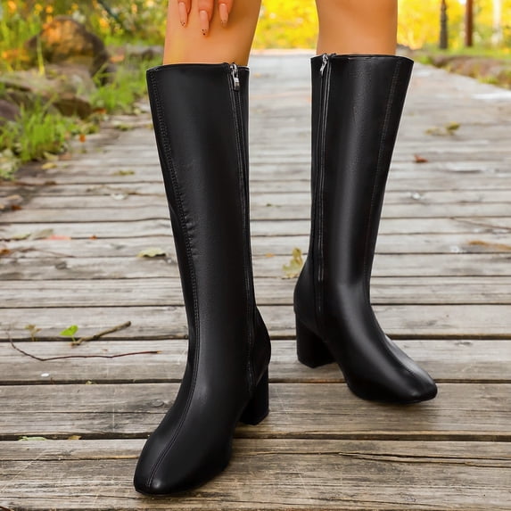 Women’s Square Toe Knee High Boots, Faux Leather Block Heel Tall Boots, Side Zipper Fashion Dress Boots