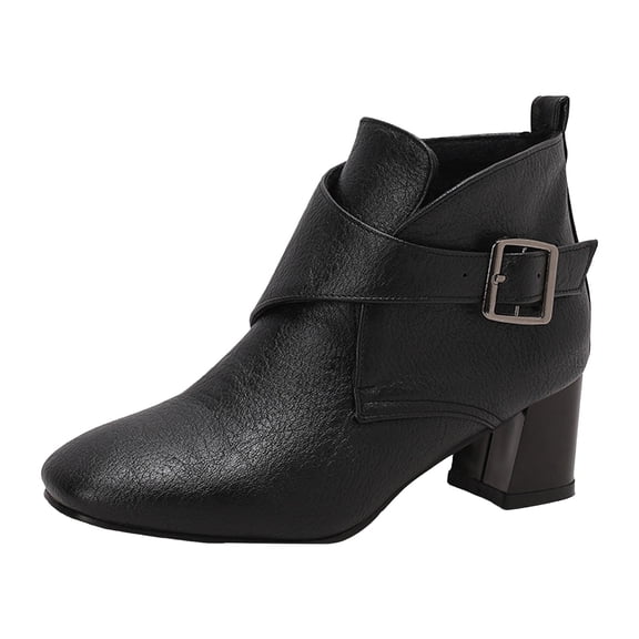 Women's Square Toe Leather Ankle Boots Chunky Heel Short Booties Comfortable Slip On Dress Shoe with Buckle Strap Black Size 9