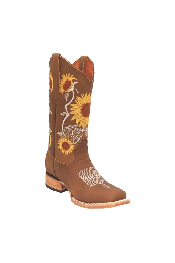 Women’s Square Toe Leather Cowgirl Cowboy Boot Sunflower Floral Embroidered Western Boots