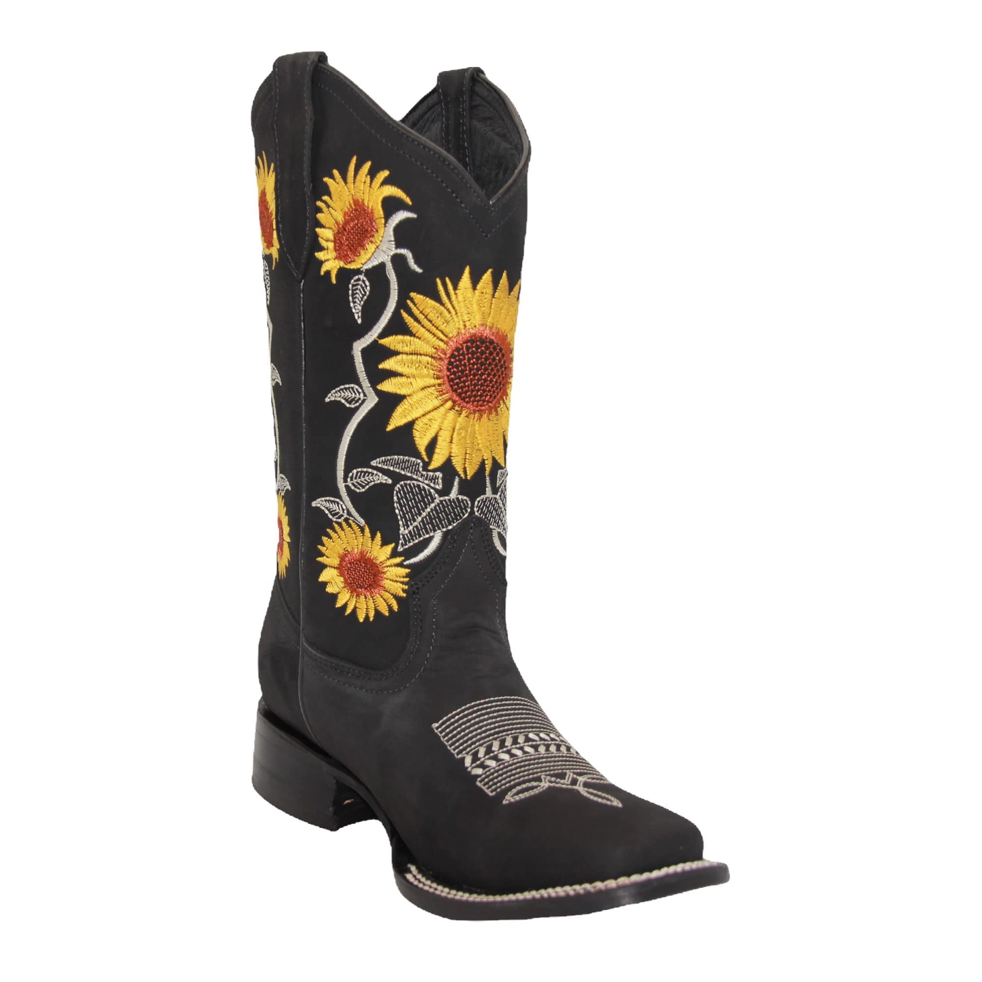 Women's Square Toe Leather Cowgirl Cowboy Boot Sunflower Floral