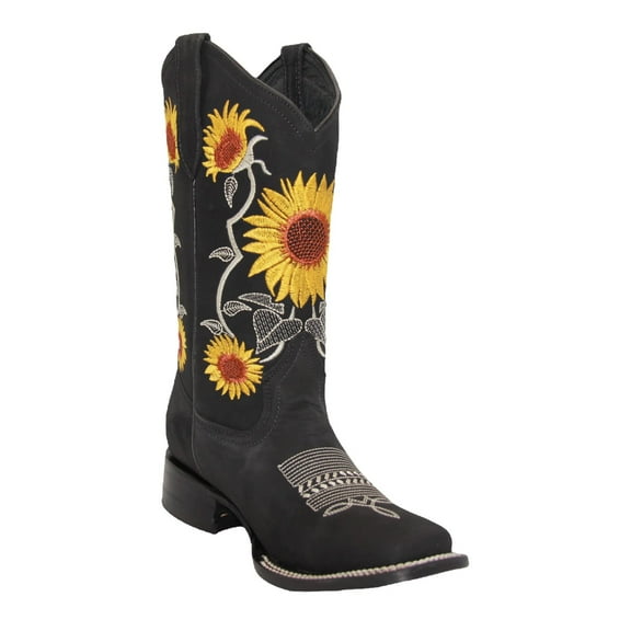 Women’s Square Toe Leather Cowgirl Cowboy Boot Sunflower Floral Embroidered Western Boots