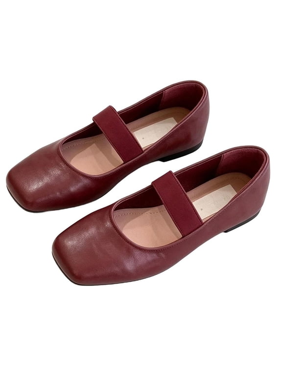 Women’s Square-Toe Mary Jane Ballet Flats, EU Size 36, Roomy Square-Toe Upper, PU and Flexible Rubber Sole, Elastic Instep Band, Burgundy