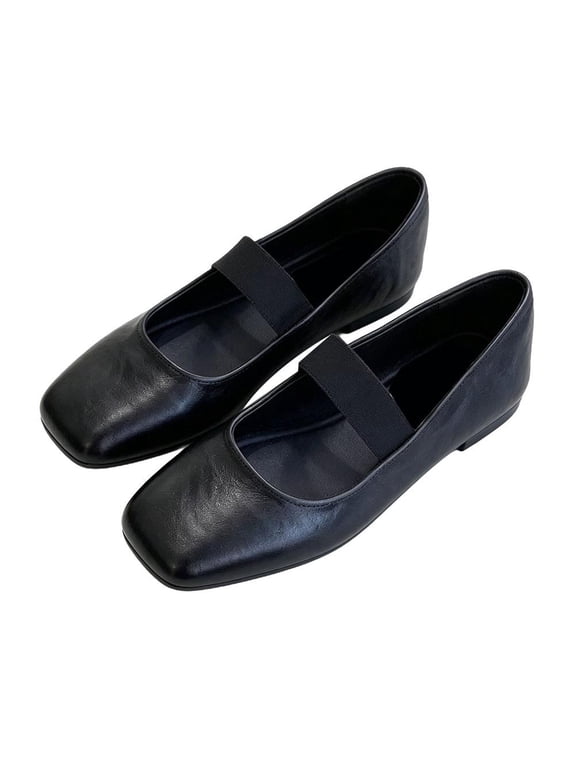 Women’s Square-Toe Mary Jane Ballet Flats, EU Size 40, Roomy Square-Toe Upper, PU and Flexible Rubber Sole, Elastic Instep Band, Black