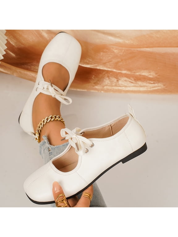 Women's Square Toe Mary Jane Flat Shoes, Leather Lace Up Bow Slip On Ballet Flats, Sweet Vintage Casual Dress Shoes