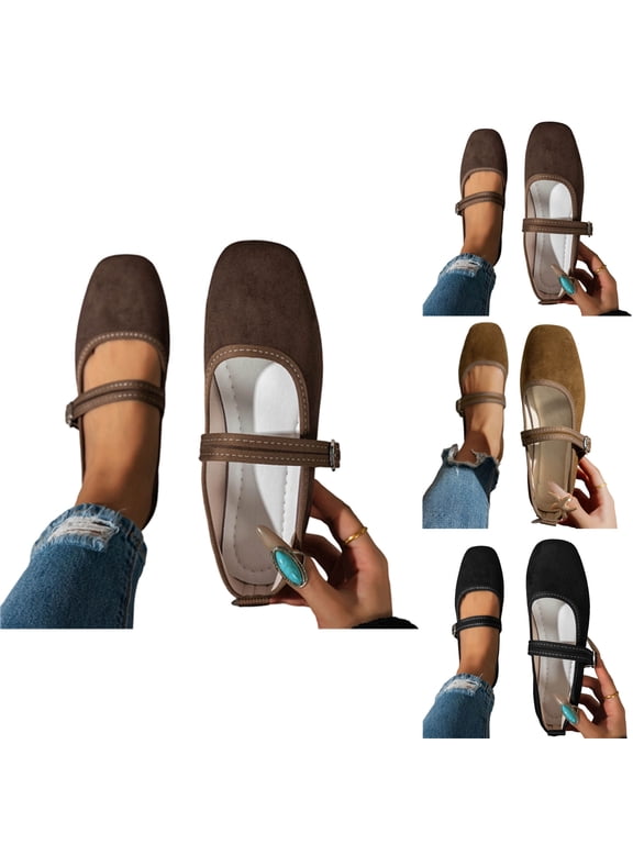 Women's Square Toe Mary Jane Flats Comfortable Faux Suede Ballet Shoes Vintage Stitched Dress Shoes Adjustable Buckle Strap Loafers