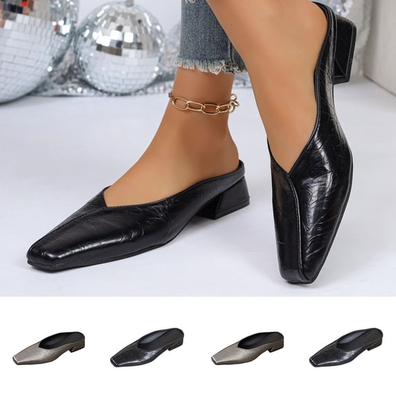 Women's Square Toe Mules, Trendy Leather Low Block Heel Slip On Shoes, Comfortable Casual Loafers for Spring Summer, Plus Size Available for Wide Feet, Fashionable Outdoor Slides