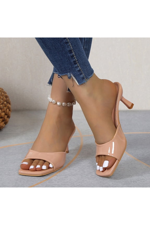 Women's Square Toe Patent Leather Heeled Slides Minimalist Stiletto Mule Sandals Summer Casual Footwear Red 36