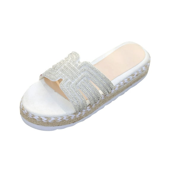 Women's Square Toe Rhinestone Slides Slip on Evening Bling Platform Slipper Flat Sandal Fashion Women Casual Round Head Comfy Slippers Beach Casual Slipsole Shoes