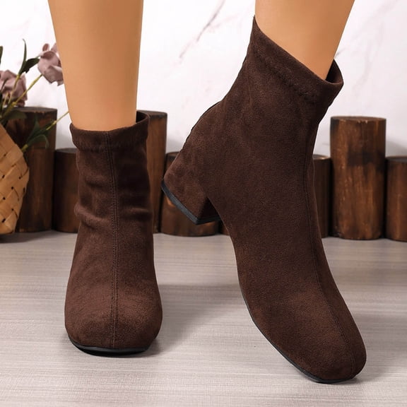 Women's Square Toe Sock Ankle Booties Stretch Suede Look Pull On Chunky Block Heel Elegant Fall Winter Daily Casual Boots Brown 5.5