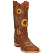 Women s Square Toe Sunflower Embroidered Cowgirl Cowboy Leather Boots
