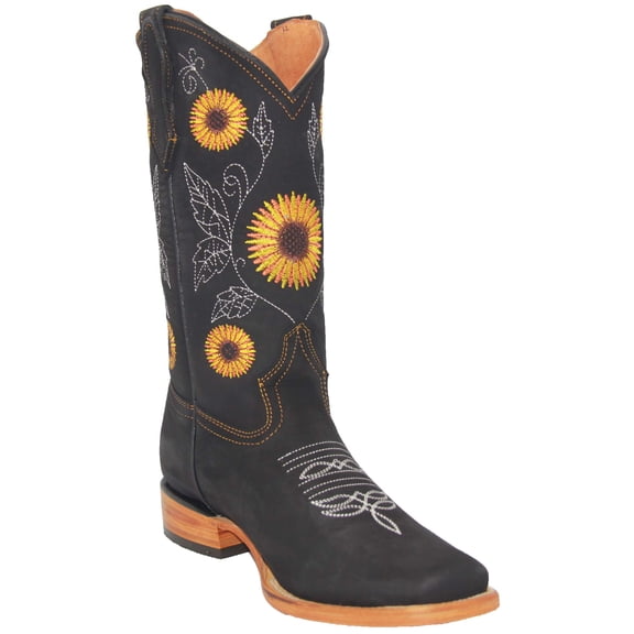 Women’s Square Toe Sunflower Embroidered Cowgirl Cowboy Leather Boots