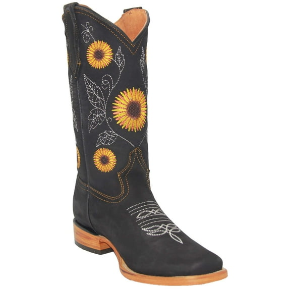 Women’s Square Toe Sunflower Embroidered Cowgirl Cowboy Leather Boots