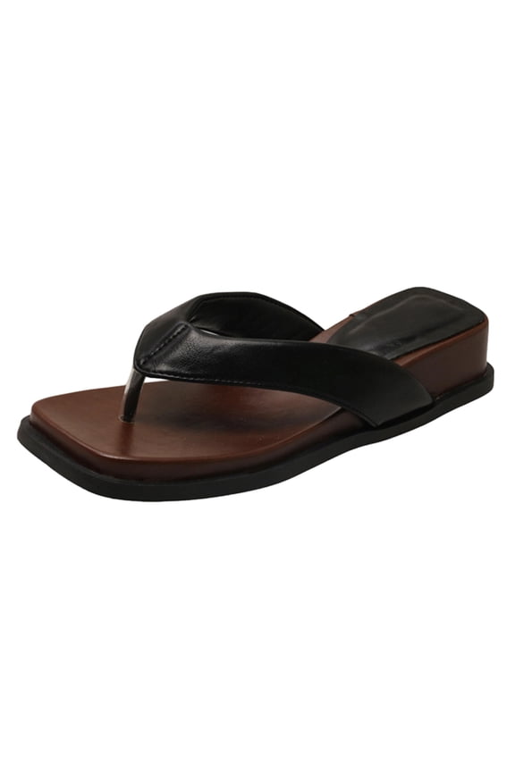 Women's Square Toe Wedge Flip Flops Faux Leather Platform Beach Tong Sandals with Ankle Strap Casual Summer Slides Black Size 7