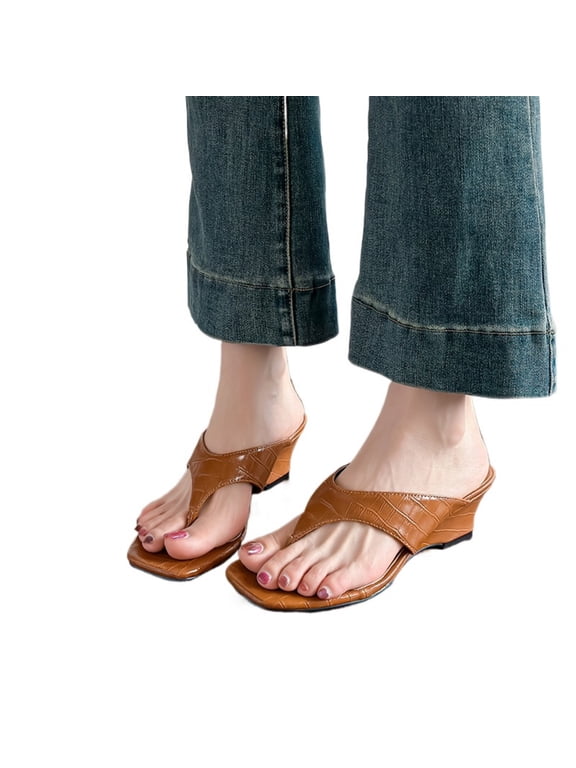 Women’s Square Toe Wedge Thong Sandals Open Toe Slip On Heeled Slides