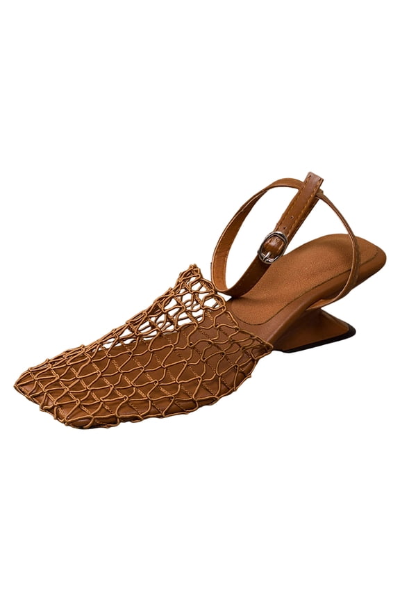 Women's Square Toe Woven Slingback Wedge Sandals Retro Mesh Mule Breathable Heeled Slides Summer Dressy Shoes Brown Size 6.5