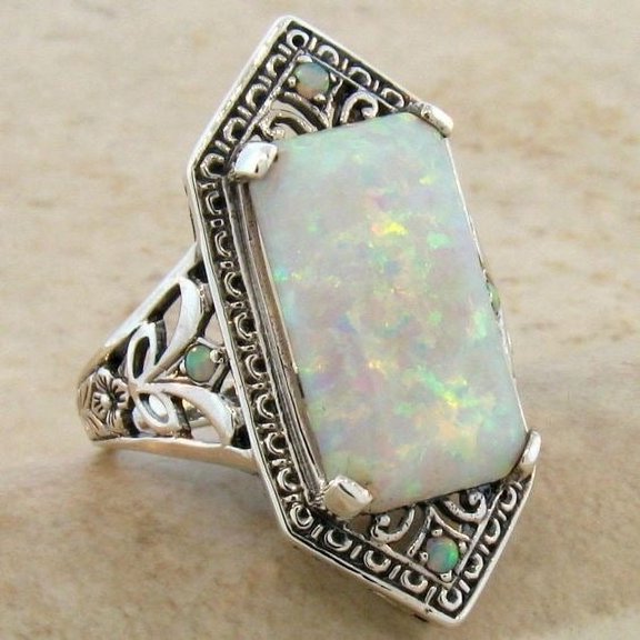 Women's Square White Opal Antique Silver Alloy Ring Geometric Design Inlaid Artificial Gemstone