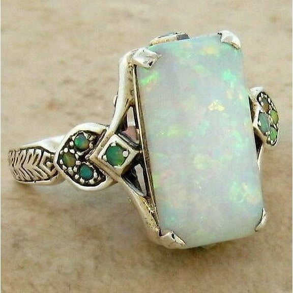 Women's Square White Opal Antique Silver Alloy Ring  Geometric Design Inlaid Artificial Gemstone