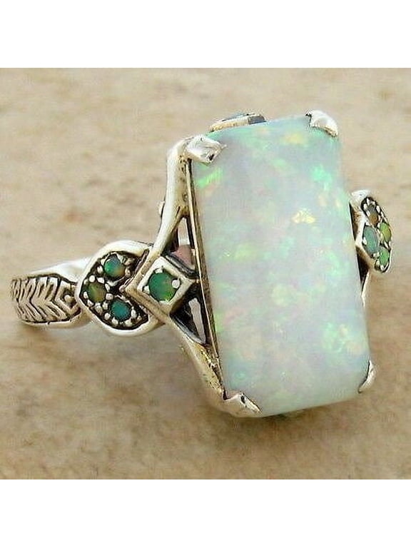 Women's Square White Opal Antique Silver Alloy Ring Geometric Design Inlaid Artificial Gemstone