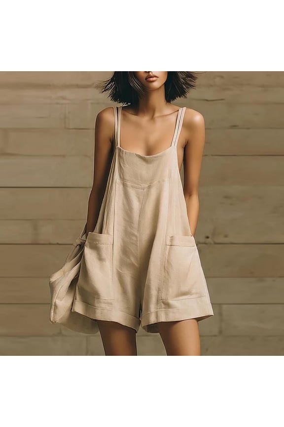 Women's Squares Neck Linen Short Romper, Spaghetti Strap Loose Fitting Shorts with Pockets, Cute Summer Jumpsuit Khaki 3XL