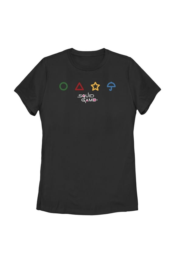 Women's Squid Game Colorful Symbols Graphic Tee Black Medium