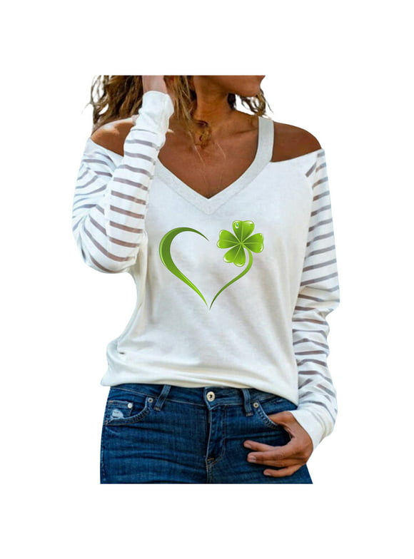 Women's St. Paddy's Day Tees Top Sheer Long Sleeve Shirts Four Leaf Clover Heart Printing Pullover Casual T-Shirt