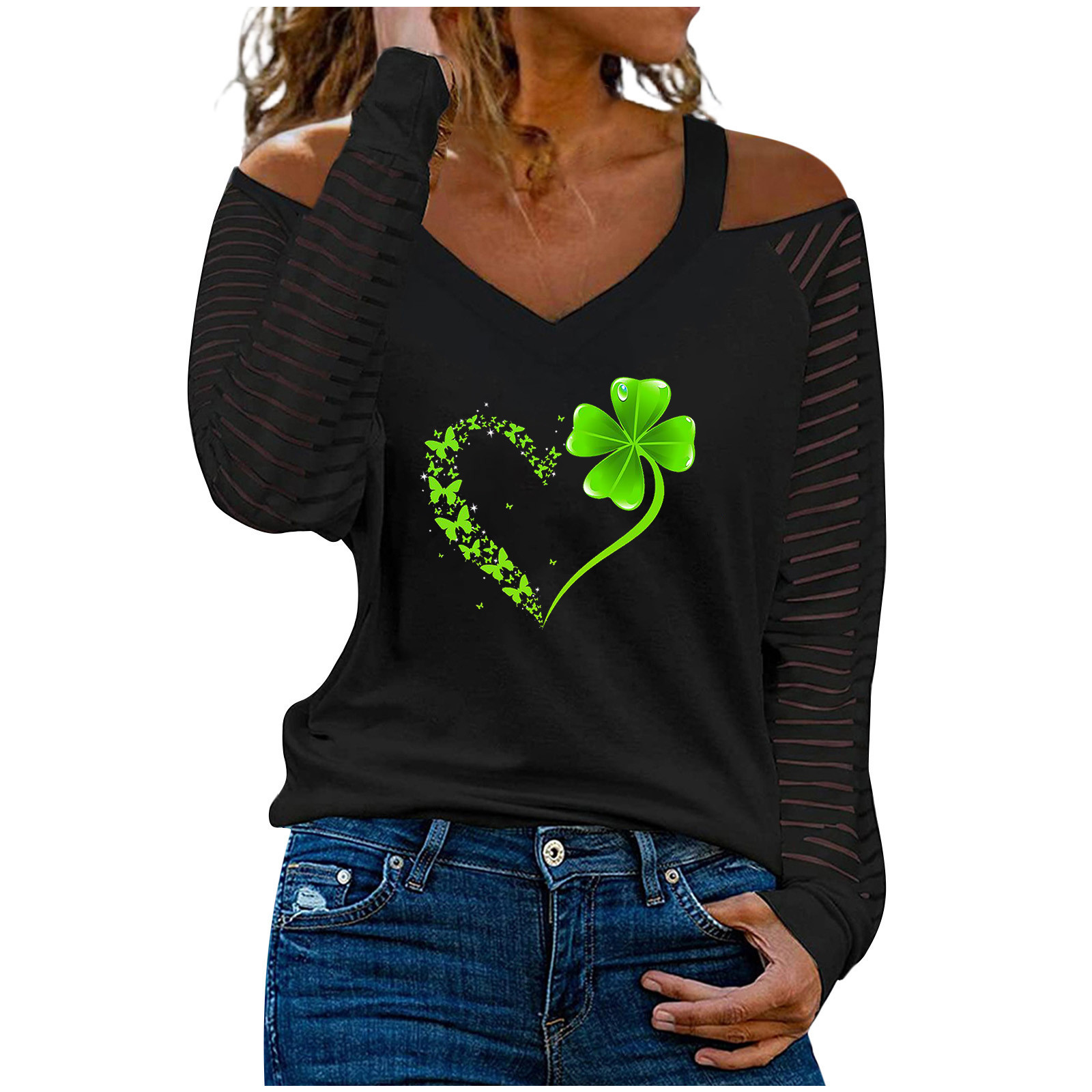Women's St. Paddy's Day Tees Top Sheer Long Sleeve Shirts Four Leaf Clover Heart Printing Pullover Casual T-Shirt - image 1 of 5