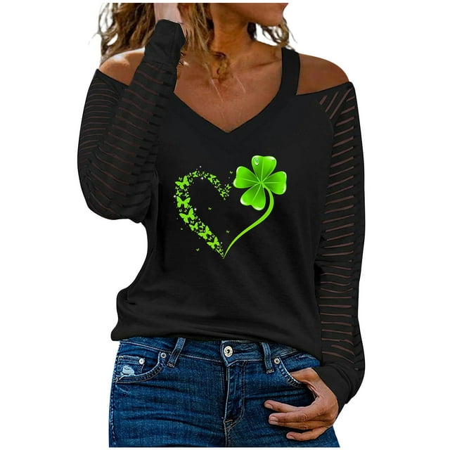 Women's St. Paddy's Day Tees Top Sheer Long Sleeve Shirts Four Leaf Clover Heart Printing Pullover Casual T-Shirt